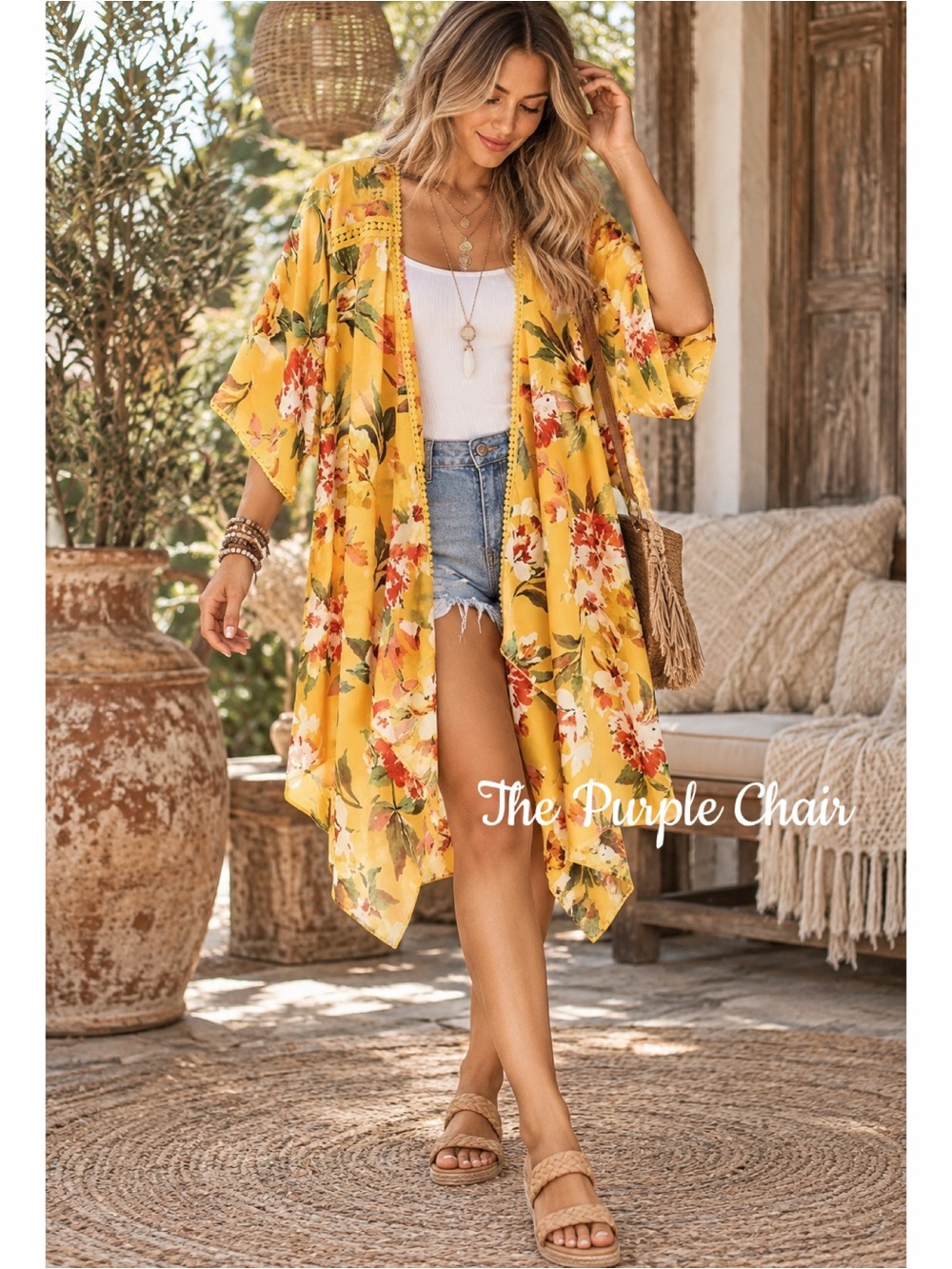 NWT Mustard Yellow Floral Crochet Trim Open Front Kimono XL
